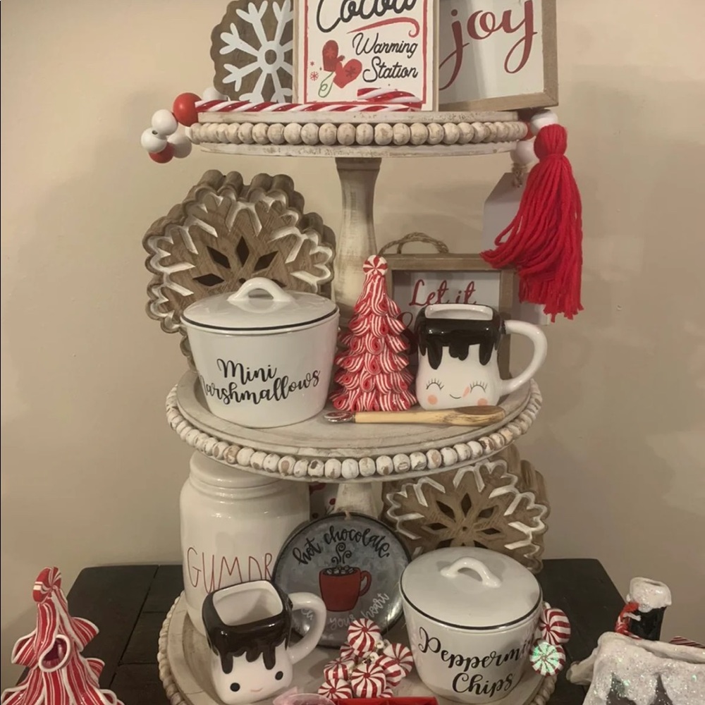 Rae dunn inspired marshmallow hot cocoa tier tray set